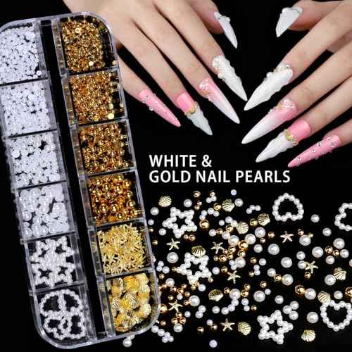 Teenitor 4 Boxes Nail Charms and Gems Set, Nail Rhinestones Nail Kit with Nail Art Brushes Nail Stand, Nail Gems Nail Design Tools with 15pcs Nail Stickers, Gold Nail Pearls for Women Nail Decorations