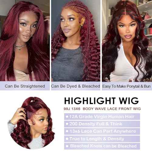 Human Hair Wig 30 Inch Lace Front Wigs Human Hair 99j Burgundy 13x6 200% Density Glueless HD Transparent Burgundy Wine Red Body Wave Wig Pre Plucked With Baby Hair
