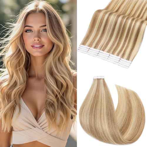 Rich Choices Tape in Hair Extensions Human Hair, 40pcs 100g 100% Remy Tape Hair Extensions Real Human Hair,Seamless Tape in Hair Extension 18 Inch #12P613 Golden Brown Highlighted Bleach Blonde