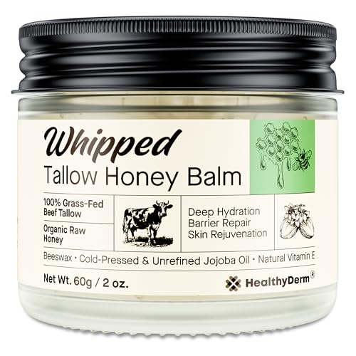 Beef Tallow Honey Balm for Skin: 100% Grass Fed Whipped Organic Moisturizer with Organic Raw Honey, Jojoba Oil, Vitamin E ? Natural Face and Body Care for Mature, Dry or Sensitive Skin, 2oz