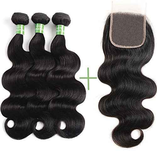 beauty youth Brazilian Hair Body Wave Human Hair Bundles With Closure(14 16 18 + 12) Body Wave Lace Closure with Bundles Unprocessed Body Wave Human Hair Extensions Weave with Closure Natural Color