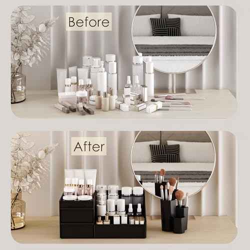 2 Pcs White Makeup Organizer and Brush Holder Set with 3 Drawers, Perfect for Cosmetics, Skincare, Beauty Tools on Vanity for Bedroom, Bathroom, Kitchen, Green