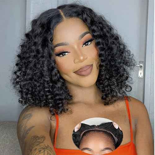 Wear and Go Glueless Bob Wig Human Hair Pre Plucked Pre Cut 13x4 Deep Curly Lace Front Wigs Human Hair For Black Women No Glue Upgraded Glueless Short Curly Bob Human Hair Wig 150% Density (12 Inch)