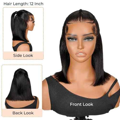 Ali Pearl Wigs Half Up Half Down Straight Lace Front Wigs Human Hair 13x4 HD Glueless Bob Wig Human Hair Pre Plucked Pre Cut For Black Women Short Bob Wigs 180% Density Pre Braided Wig 12 Inch