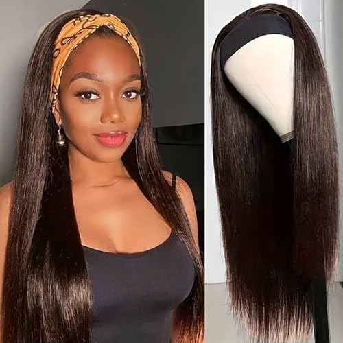 Headband Wig Human Hair Straight Chocolate Brown 18 Inch Headband Wigs for Black Women Glueless None Lace Front Wig Brazilian Virgin Human Hair Wigs 150% Density