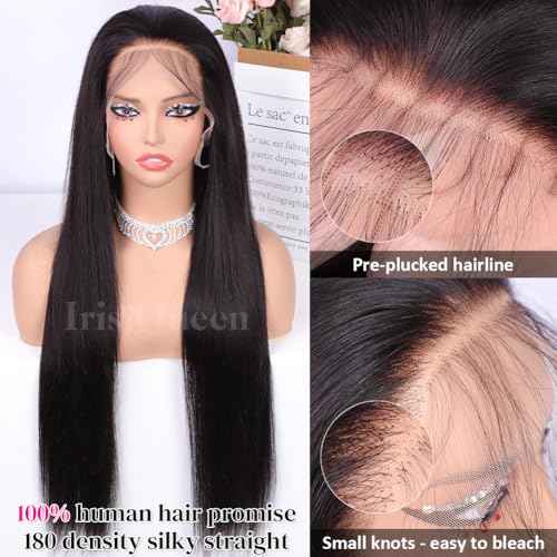 Iris Queen 13x4 HD Straight Lace Front Wigs Human Hair Pre Plucked 12A 180 Density Brazilian Transparent Lace Frontal Wig for Black Women with Baby Hair Natural Black Color (20 inch)