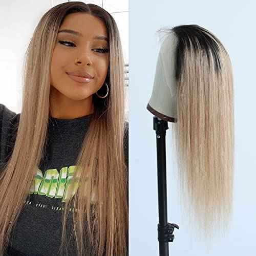 Pre-plucked Ombre #1B/27 Dark Root Honey Blonde Ear To Ear Lace Front Wigs Straight Glueless 150% Density Brazilian Virgin Human Hair With Baby Hair Full (18" inch, Lace Front Wig Straight)