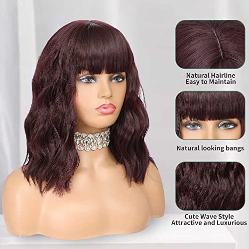 WAVE&BREEZE Short Wavy Ombre Red Wig with Bangs for Women Short Curly Bob Wine Red Hair Wig Synthetic replacement Wigs Costume Cosplay Wig for Daily Wearing(14'' Ombre Red)