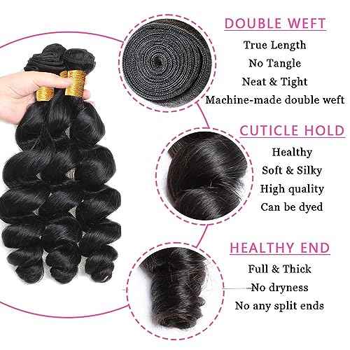 Loose Body Wave Bundles Human Hair with Frontal (14 16 18+12) 12A Grade 100% Body Wave Human Hair Extensions 13x4 Lace Frontal Human Hair 180% Density Natural Black