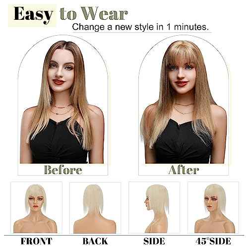 SEGO Hair Toppers for Women With Bangs Real Human Hair, 130% Density 10 * 12CM Silk Base Clip in Top Wiglet Hairpieces for Thinning Hair-12 Inch 60 Platinum Blonde