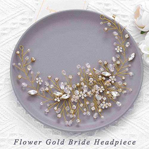 Unicra Bride Flower Wedding Hair Vine Crystal Bridal Hair Piece Rhinestone Party Hair Accessories Leaf Hair Jewelry Bead Headpiece for Women and Girls (Gold)