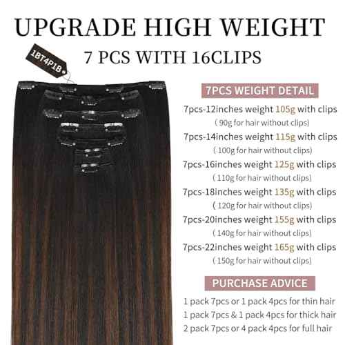 16 Inch Clip-in Hair Extensions Remy Human Hair for Women - Soft Handmade Real Human Hair Clip in Extensions, Straight, Thick, 125g 7pcs #(1BT4) P1B Color
