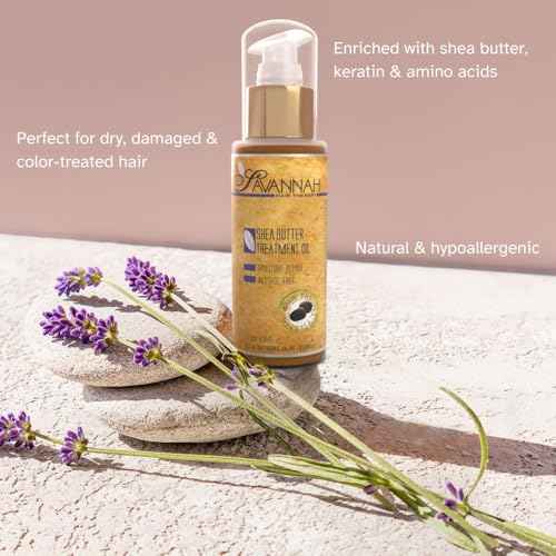 Savannah Hair Therapy Hair Oil with Shea Butter & Keratin- Restore, Revive, Nourish for Dry, Damaged & Color Treated Hair, 3.38 Fl Oz/100 ml