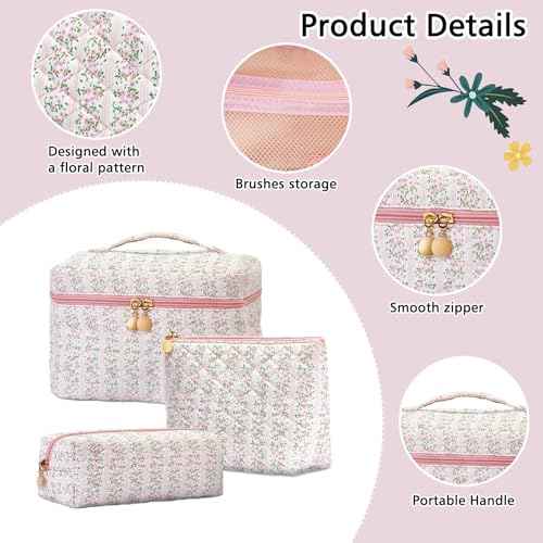 3Pcs Quilted Pink Floral Makeup Bag Cosmetic Bag for Women Teen Girls,Cute Flowers Make Up Bags,Aesthetic Large Cotton Cosmetic Pouch,Flower Coquette Travel Toiletry Organizer Storage Bag