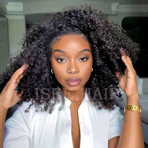ISEE Half Wig Human Hair Glueless Wigs Upgrade 3 IN 1 Half Wig With Drawstring Seamless Clip Ins Flip Over Kinky Curly Human Hair No Glue No Lace For Women 180% Density 16 Inch