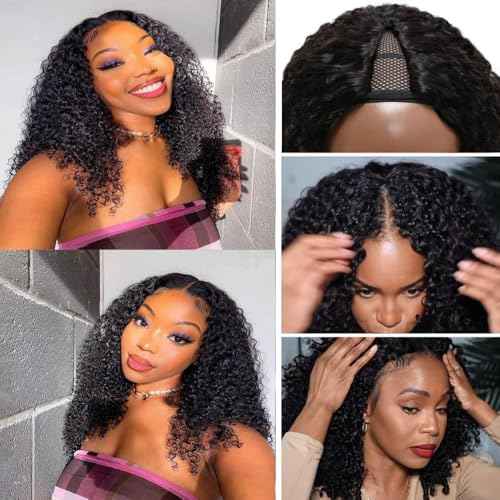 Curly V Part Wigs Human Hair Upgrade U Part Wig Human Hair Wigs for Black Women Glueless V Part Jerry Curly Wig Wear And Go No Leave Out 180% Density Natural Black Color 22 inch