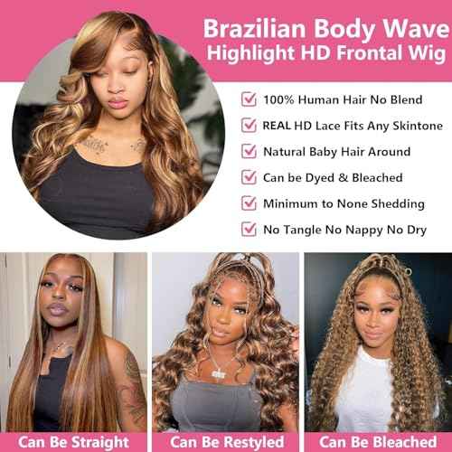Body Wave Honey Blonde Lace Front Wig Human Hair Pre Plucked Highlight Ombre P4/27 Colored 210% Density 13x4 HD Lace Frontal Wigs Human Hair for Women 22Inch