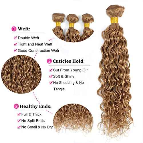Honey Blonde Human Hair Bundles Color 27 Brazilian Water Wave 3 Bundles Unprocessed Virgin Hair 24 26 28 Inch