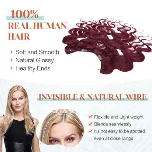 Benehair Invisible Wire Hair Extensions Real Human Hair Red for Women Hairpieces with Invisible Secret Wire Adjustable Wire Replacement Wine Red Hair Extension 20inch for Thinning Hair #99J