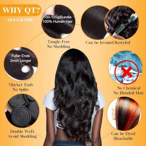QTHAIR 16A Body Wave Human Hair Bundles (18" 18" 20",300g) 100% Unprocessed Body Wave Bundles Human Hair Brazilian Virgin Hair Weave Body Wavy Hair Extensions