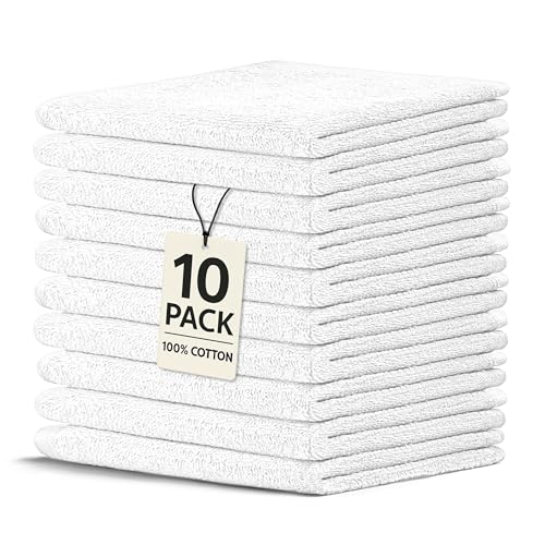 Crystal Ridge Cotton Wash Cloths 10 Pack - Washcloths for Showering, Face and Body, Soft and Highly Absorbent Multipurpose Towels for Bathroom, Kitchen, Spa and Gym - Wash Rags 12 x12 (White)
