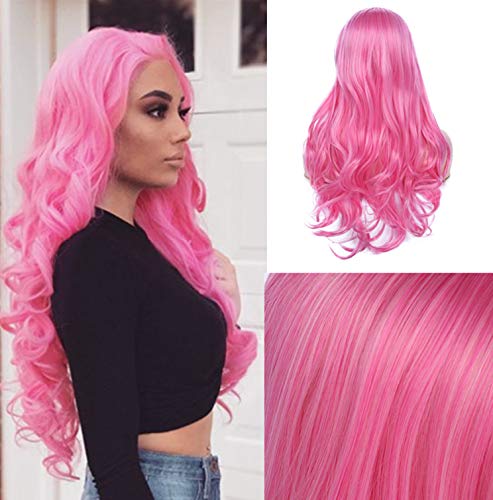 Wiwige Hot Pink Wig for Women Long Wavy Curly Middle Part Nature Looking Heat Resistant Synthetic Cosplay Costume Halloween Party Wig with Wig Cap