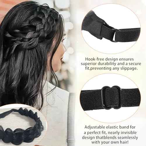 Braided Headbands for Women, 2 Pcs Handmade Fashion Braid Headband with Teeth and Elastic Stretch Braids Hairband for Girls Beauty Hair Accessories Party Festival Halloween (Black)