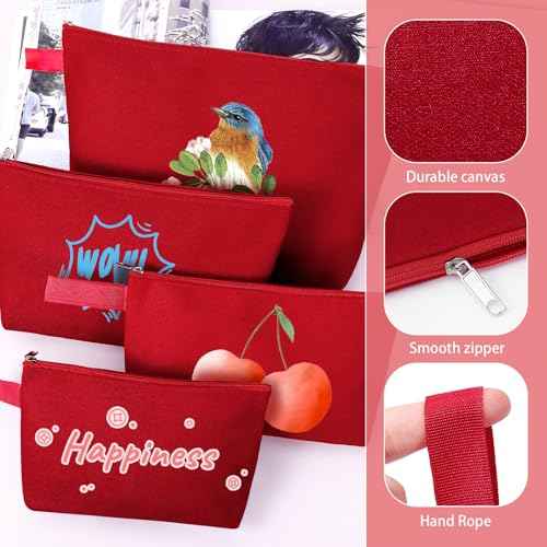 10 Pieces Cotton Canvas Makeup Bag with Bottom and Strap, Multi-Purpose Cosmetic Bag with Zipper Travel Toiletry Pouch, Blank DIY Craft Bag (Red, XS)