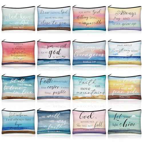 Pinkunn 16 Pcs Inspirational Christian Gifts for Women Religious Makeup Bags Bulk Religious Gifts for Women Inspirational Bible Verse Pencil Pouch Makeup Bags with Zipper for Travel(Bible Landscape)