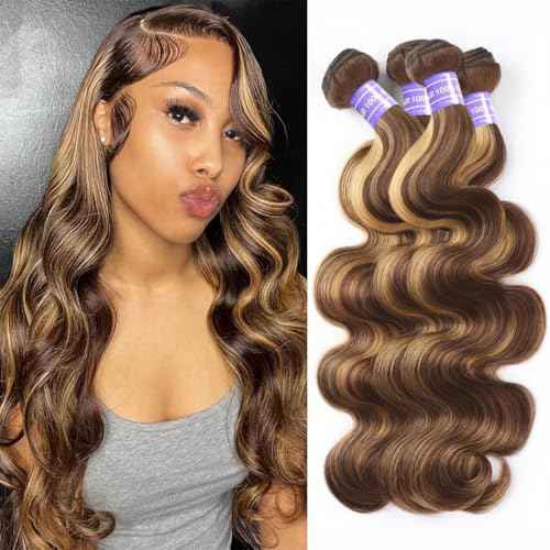 Perstar 4/27 Human Hair Bundles Honey Blonde Body Wave Bundles Human Hair Highlight Brazilian Virgin Hair 14 16 18 20 Inches 100% Unprocessed Human Hair Weft Ombre Piano Color