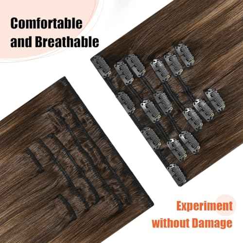 Balayage Hair Extensions Real Human Hair, Ombre Medium Brown Fading to Caramel Blonde 18 inches 120g Highlights 100% Human Hair Natural Straight Woman Beauty Clip ins #4/27/4