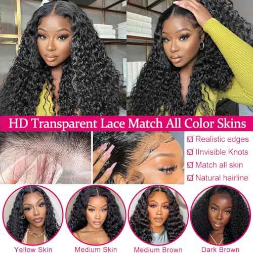 SOSATISFY Deep Wave Lace Front Wigs Human Hair 4x4 HD Transparent Lace Closure Wigs Glueless 180% Density Wigs for Black Women Pre Plucked with Baby Hair (26 inch)