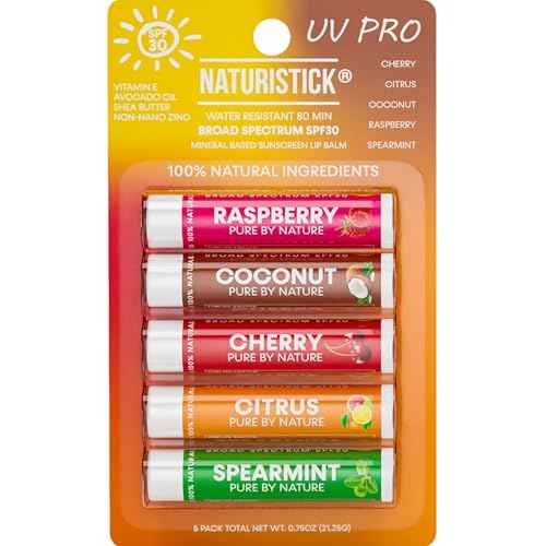 Naturistick SPF 30 Vegan Lip Balm ? Mineral Sunscreen with Zinc Oxide | Broad Spectrum UVA/UVB | 100% Natural, Coral-Friendly Formula | 5-Pk Raspberry, Coconut, Cherry, Citrus, Spearmint | Made in USA