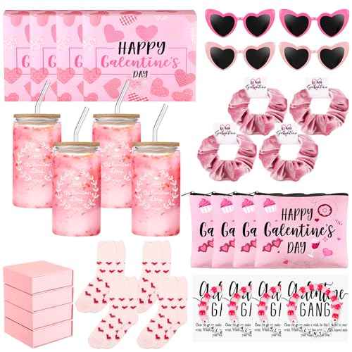 Abbylike 40 Pcs Galentine's Day Gift Include Gift Box Glass Cup Makeup Bags Plush Socks Greeting Cards Velvet Hair Scrunchies Bracelets Sunglasses for Women Friend Bestie Valentine Party Favors