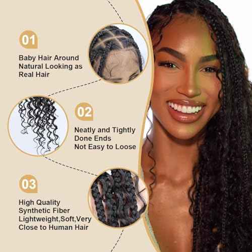 36 inch Knotless Boho Box Braid Wigs, 360 Single Full Lace Braided Curly Wigs for Black Women, Synthetic Black Braided Lace Wig