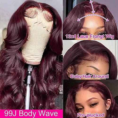 Burgundy Lace Front Wigs Human Hair Pre Plucked with Baby Hair Body Wave Lace Frontal Glueless Wigs Human Hair for Women 180% Density 13x4 Transparent HD Brazilian Virgin (26inch)