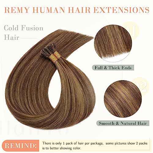Hairro I Tip Human Hair Extensions Pre Bonded Fusion Hair Tipped Remy Hair Pieces Silky Straight Microlink Itip Keratin Stick Hairpieces For Women 22" 100 Strands 50g #4P27 Medium Brown&Dark Blonde