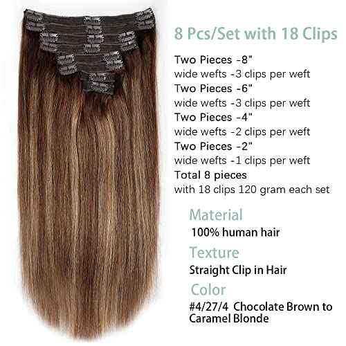 Clip in Hair Extensions for Women Brazilian Virgin Human Hair Extension Straight 8Pcs Remy Hair Extensions Clip in Human Hair with 18Clips Double Lace Weft 120Gram (16inch, #4/27/4)