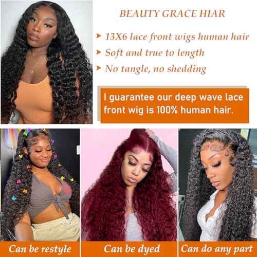 BeautyGrace 13X6 Deep Wave Lace Front Wigs Human Hair 30In (100% Human Hair) Brazilian Virgin 180% Density Deep Wave Frontal Wigs Human Hair Natural Color(13x6, 30inch)