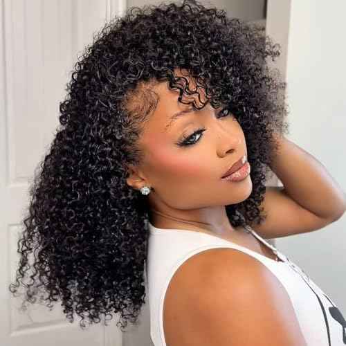 Glueless Wigs Human Hair Half Wig Upgrade 3 IN 1 Half Wig With Drawstring Seamless Clip Ins Flip Over Half Wigs Beginner Friendly Kinky Curly Wig Human Hair Drawstring Headband Wig for Women 22 inch