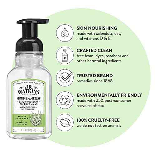 J.R. Watkins Foaming Hand Soap with Pump Dispenser, Moisturizing Foam Hand Wash, Alcohol-Free, Cruelty-Free, Aloe & Green Tea, 9 fl oz, 3 Pack