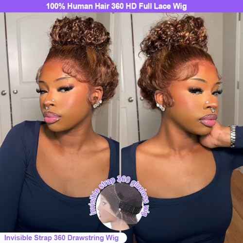 Hidden Strap Deep Wave 360 Lace Front Wigs Human Hair 22 Inch Ombre Honey Blonde HD Full Lace Frontal Wigs Human Hair for Women with Drawstring 360 Glueless Wigs Pre Plucked Highlighted Wig