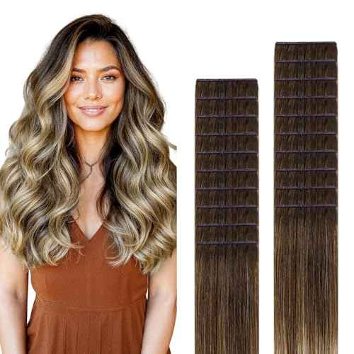 GOO GOO Genius Tape in Hair Extensions, Hand Tied Tape Weft, 4/27/4 Balayage Chocolate Brown to Caramel Blonde, 14inch 50g 20pcs, Remy Human Hair, Seamless Invisible Tape, Natural Blend, Lightweight