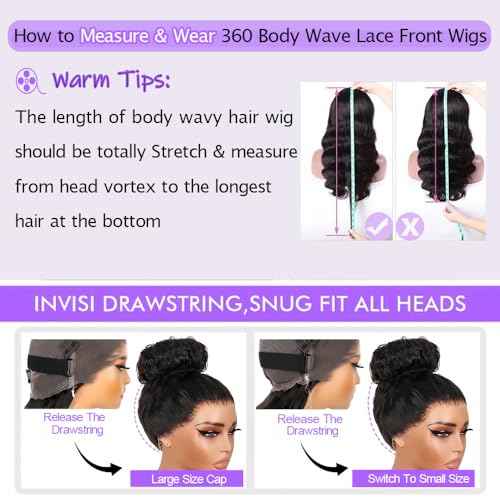 360 Body Wave Lace Front Wigs Human Hair Drawstring HD Lace Front Wigs Human Hair 180 Density Hidden Strap Glueless Full Lace Frontal Wig for Women 24 Inch