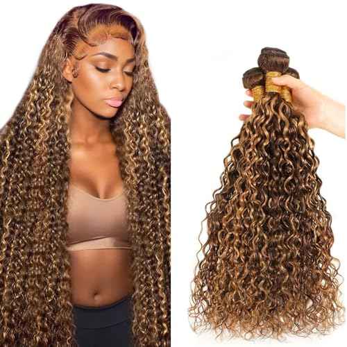 P427 Highlight Blonde Bundles Human Hair Brown Water Wave 3 Bundles 28 28 28 Inch Unprocessed Brazilian Virgin Remy Honey Blonde Water Wave Bundle Human Hair Extensions