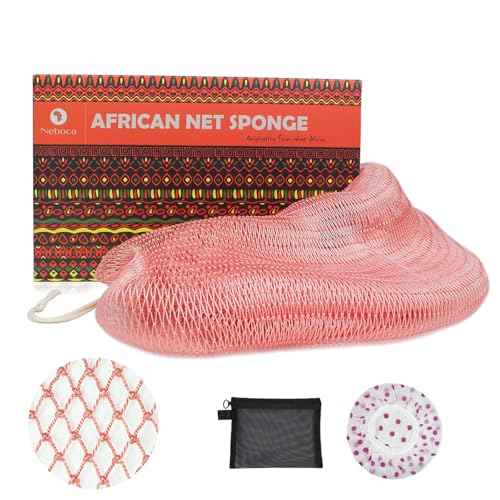 African Net Sponge Authentic African Exfoliating Net Sponge with Knots Real Sapo Sponge with Handles Afro Scrub Net Bath Cloth for Shower (Pink)