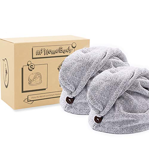 myHomeBody Hair Towel Wrap | Luxury Rapid-Dry Hair-Drying Turban | Ultra Soft and Quick Drying Absorbent Charcoal Fiber, with Coconut Shell Button – 2 Pack