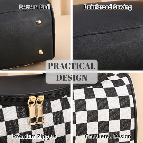 Waztyuk Checkered Makeup Bag Travel Purse Toiletry Bag Women Cute Cosmetic Case Portable Hanging Organizer for Essentials (Black)