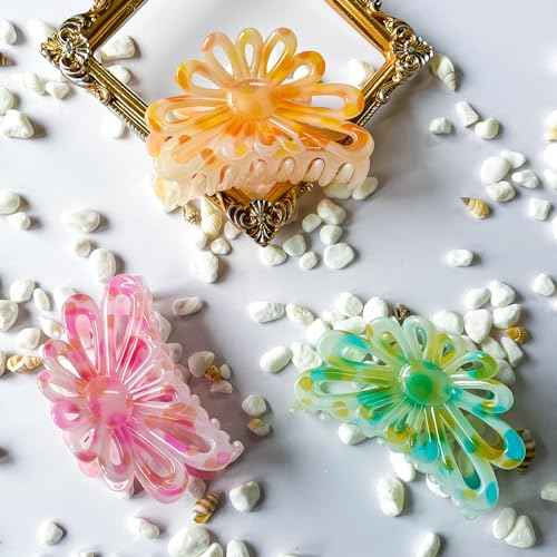 Flower Hair Claw Clips for Women/Girls, 3PCS 3.1" Big Cute Clips for Thick/Thin Fine Hair, Nonslip Strong Hold Hair Styling Accessories (A-colorful)