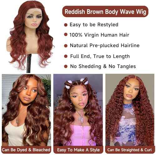 MUPRETTY Reddish Brown Lace Front Wigs Human Hair 180% Density 13x4 Auburn Colored Body Wave Wig Human Hair Pre Plucked Natural Hairline(24Inch,13x4 Lace Front Wig)